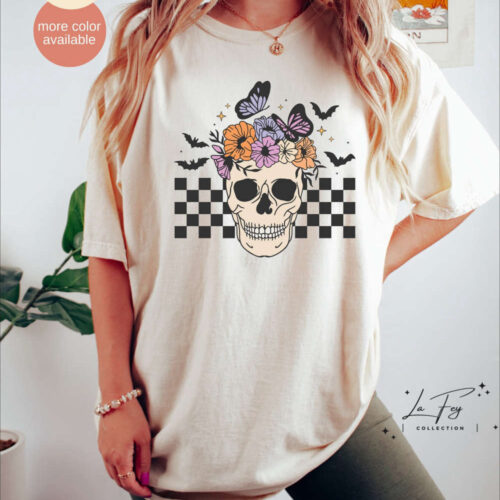 Floral Skull T-Shirt, Halloween Comfort Colors Shirt, Bloom Skull Shirt, Skeleton Halloween Tee, Spooky Season