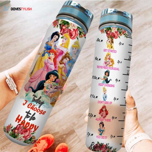 All Disney Princesses Graphic Cartoon 32oz Water Tracker Bottle
