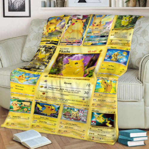 Anime Lover Collection: Custom Pikachu Gnaw Trading Card Blanket – Cozy Anime Merchandise