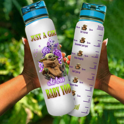 Baby Yoda Purple Floral Cute Disney Graphic Cartoon Water Tracker Bottle