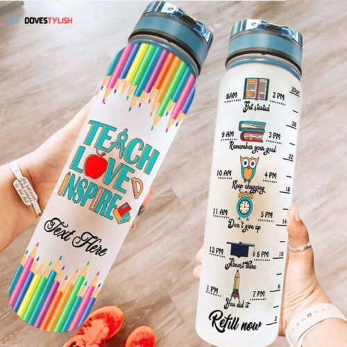 Custom Teacher Crayon Teach Love Inspire Water Tracker Bottle