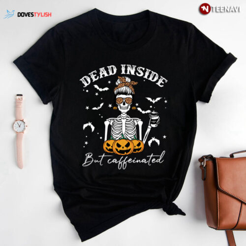 Dead Inside But Caffeinated Vintage Skeleton Pumpkins Halloween T-Shirt