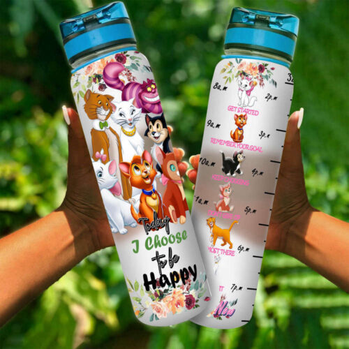 Flowery Disney Cats Graphic Cartoon 32oz Water Tracker Bottle