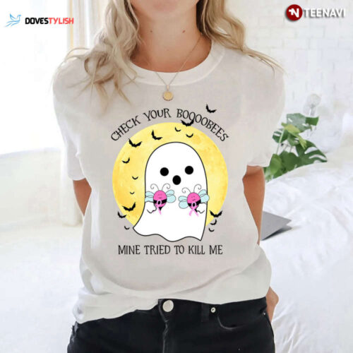 Ghost With Bees Check Your Boooobees Mine Tried To Kill Me Halloween T-Shirt