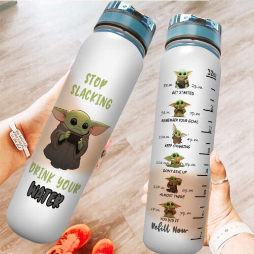 Green Baby Yoda Stop Slacking Cute Disney Graphic Cartoon Water Tracker Bottle