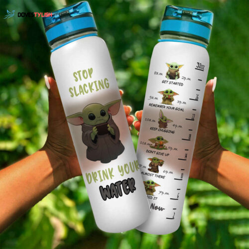 Green Baby Yoda Stop Slacking Cute Disney Graphic Cartoon Water Tracker Bottle