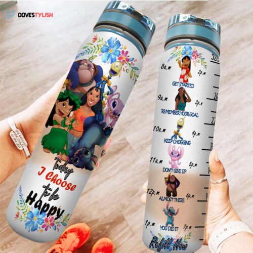 Hawaii Lilo Stitch Angel Disney Graphic Cartoon 32oz Water Tracker Bottle