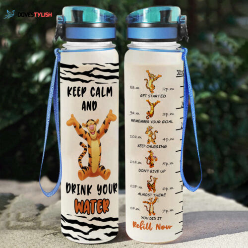 Keep Calm Tigger Winnie The Pooh Friends Disney Cartoon Water Tracker Bottle