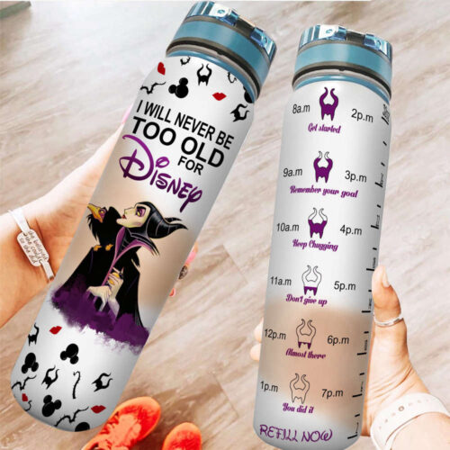 Never Too Old For Maleficent Disney Graphic Cartoon 32oz Water Tracker Bottle
