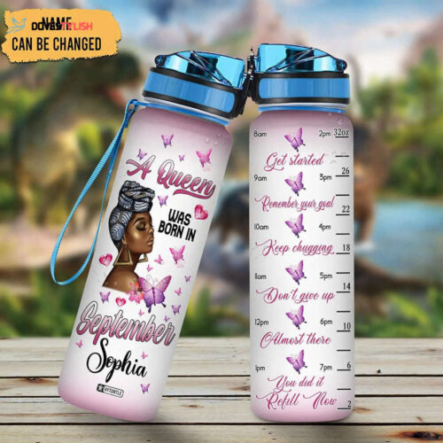Personalized A Queen Was Born In September Butterfly Water Bottle