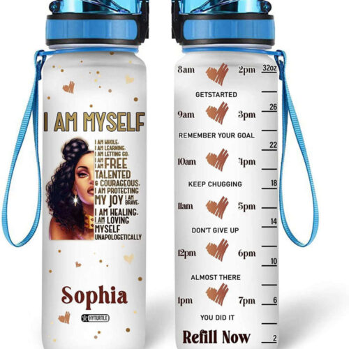 Personalized I Am Myself Black Queen Birthday Mother’s Day Water Bottle