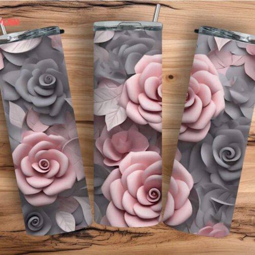 Pink Floral 3D Effect Flower Tumbler – 20oz Skinny Tumbler with Pink & Gray Roses