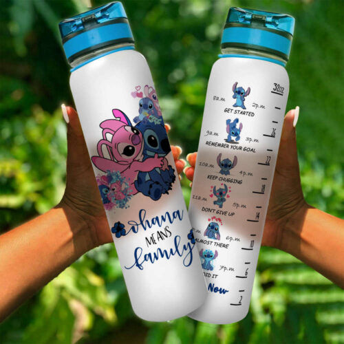 Stitch And Angel Ohana Means Family Cute Cartoon Water Tracker Bottle