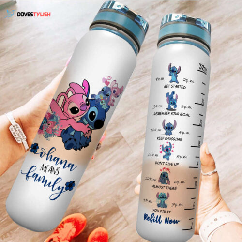 Stitch And Angel Ohana Means Family Cute Cartoon Water Tracker Bottle