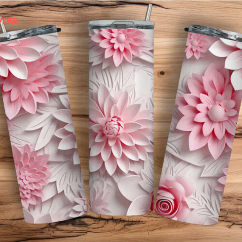 Stylish Pink Floral 3D Flower Tumbler – 20oz Skinny Tumbler for Trendy Sippers