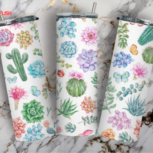Succulent Floral Pattern Design 20oz Skinny Tumbler – Vibrant & Trendy Succulent Plants for Stylish Sipping