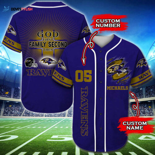 Trending 2023 Personalized Baltimore Ravens God First Family Second All Over Print 3D Baseball Jersey