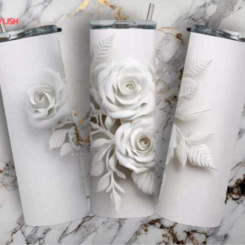 White Floral 3D Effect Flower Tumbler 20 Ounce Skinny Tumbler White Roses