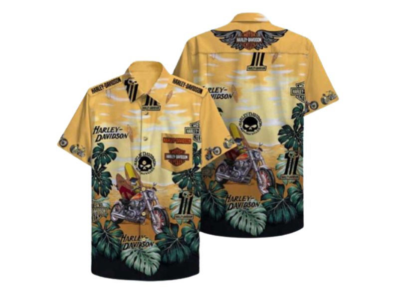 Harley Davidson Motorbike And Tropical Leaf Short Sleeves Hawaiian Shirt
