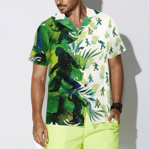 Bigfoot Silhouettes in Tropical Hawaiian Shirts for Men: Green Sasquatch Aloha Shirt