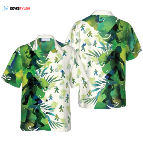 Bigfoot Silhouettes in Tropical Hawaiian Shirts for Men: Green Sasquatch Aloha Shirt