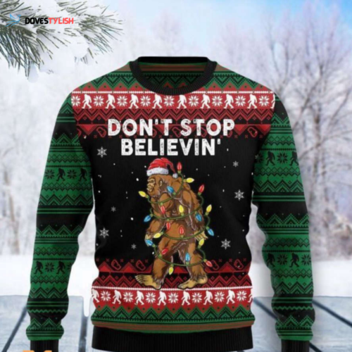 Bigfoot Ugly Christmas Sweater – Colorful Lights Don t Stop Believin – Perfect Gift for Christmas