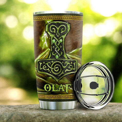 Custom Green Viking Leather Style Stainless Steel Tumbler – Personalized Gift