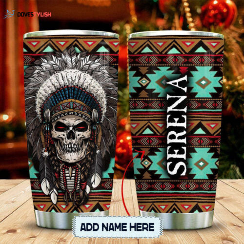 Custom Metal Native American Skull Stainless Steel Tumbler – Personalized Gift