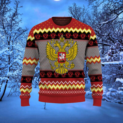 Get Festive with Russia Coat Of Arms Ugly Christmas Sweater – Unique Holiday Attire!