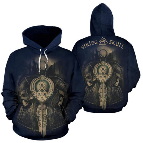 Norse Vikings Valhalla Viking Skull Hoodie – Blue Stylish Authentic Norse Apparel