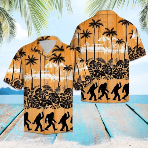 Summer Time Hawaiian Shirt: Black Bigfoot and Palm Tree Pattern
