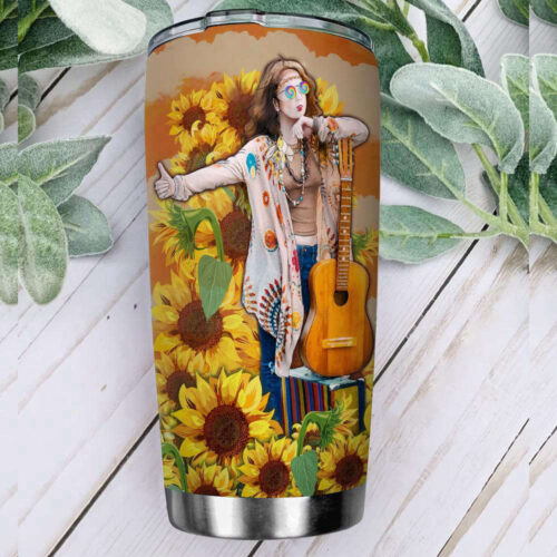 Sunflower Hippie Girl Campervan Stainless Steel Tumbler: Perfect for Hitchhiking Adventures!