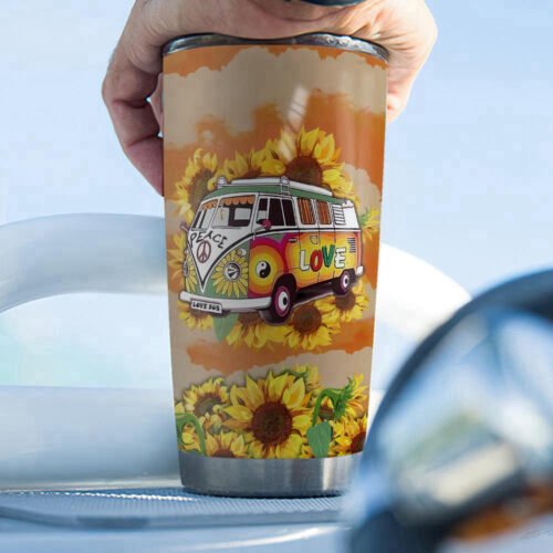 Sunflower Hippie Girl Campervan Stainless Steel Tumbler: Perfect for Hitchhiking Adventures!