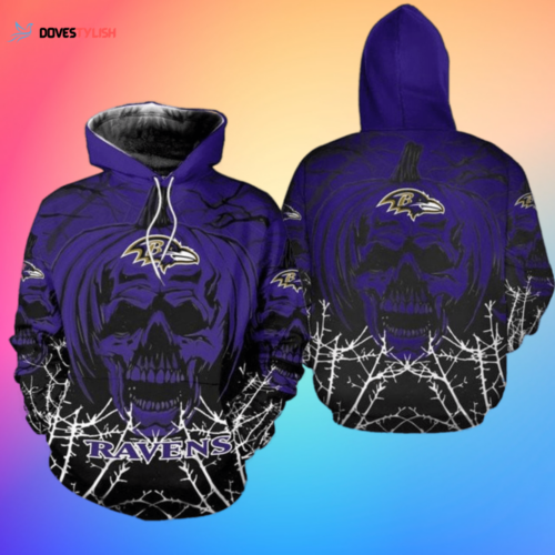 Baltimore Ravens Halloween Hoodie: Purple Skull AOP Shirt for NFL Fans