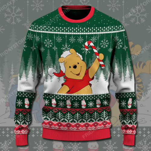 DN WTP Sweater Pooh With Candy Cane Christmas Ugly Sweater Awesome DN WTP Ugly Sweater