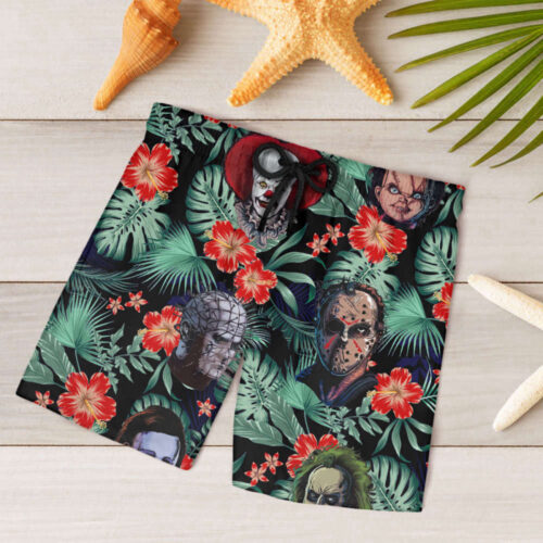 Horror Movie Chracters Hawaiian Shirt, Beach Shorts for Men