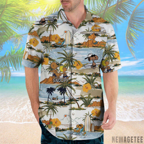 Snoopy & Friends Hawaiian Beach Shorts: Brown Shirt for Fun in the Sun!