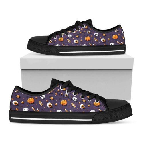 Halloween Eyeball Pattern Print Black Low Top Shoes, Best Gift For Men And Women