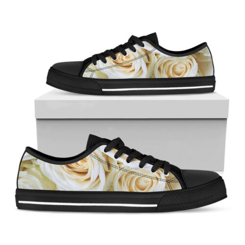 White Rose Print Black Low Top Shoes, Best Gift For Men And Women