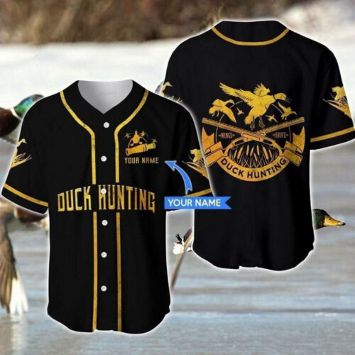 Custom Black and Gold Duck Hunting Baseball Jersey – Personalized Design
