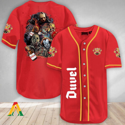 Spooky Halloween Horror Characters Duvel Baseball Jersey – Get Ready to Scare!