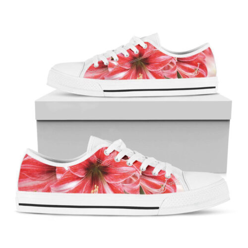 Amaryllis Flower Print White Low Top Shoes, Gift For Men And Women