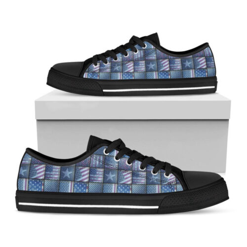 American Denim Patchwork Pattern Print Black  Low Top Shoes, Best Gift For  Men And Women
