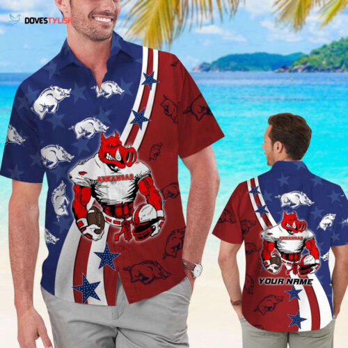 Arkansas Razorbacks American Flag Name Personalized Tropical Aloha Hawaiian Shirts
