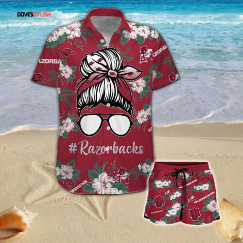 Arkansas Razorbacks Girl Messy Bun   Button Up Tropical Aloha Hawaiian Shirt Set For Men Women Kids