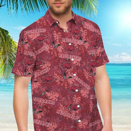 Arkansas Razorbacks Short Sleeve Button Up Tropical Aloha Hawaiian Shirt Set for Men Women Kids MTE02