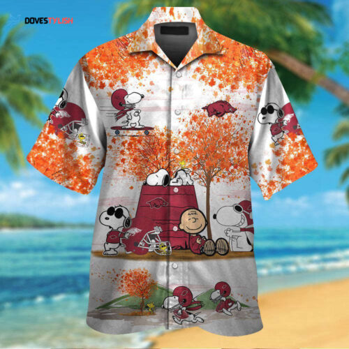 Arkansas Razorbacks Snoopy Autumn   Button Up Tropical Aloha Hawaiian Shirt Set For Men Women Kids