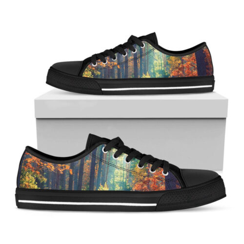 Autumn Forest Print Black Low Top Shoes, Best Gift For Men And Women