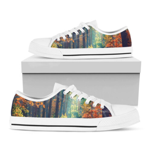 Autumn Forest Print White Low Top Shoes, Best Gift For Men And Women