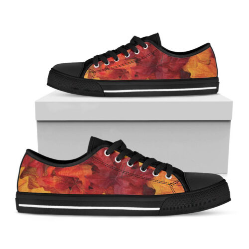 Autumn Maple Leaf Print Black Low Top Shoes For Men And Women
